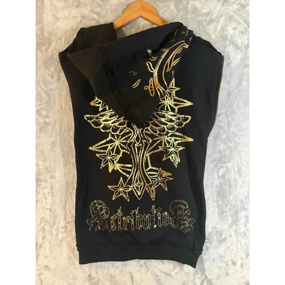 Vintage Y2K Men's Retribution Sleeveless‎ Full Zip Hoodie M Gold Rocker Glam